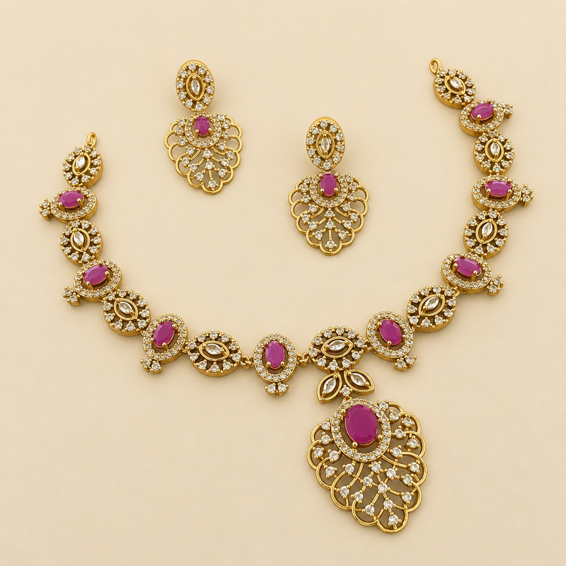 Nityaa Pink and Clear Crystal Necklace Set