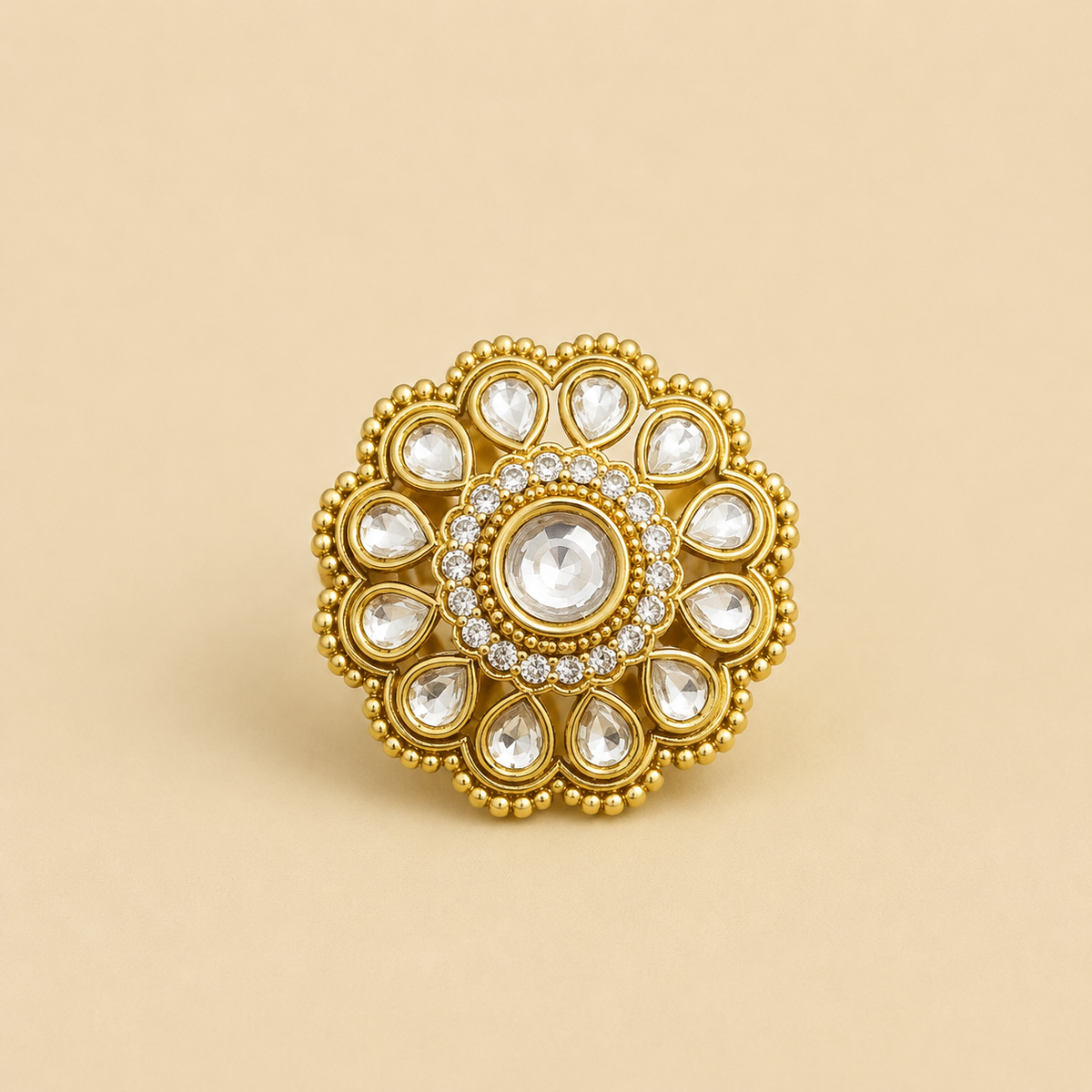 Classic Openwork Kundan Flower Ring | Adjustable