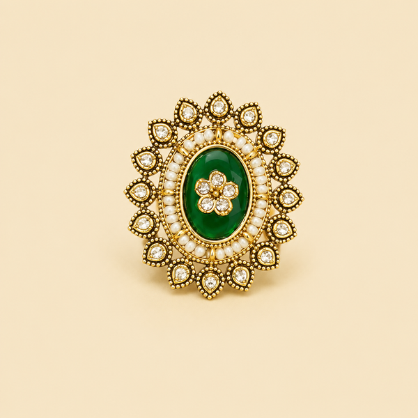 Vintage Oval Scalloped Green Ring | Adjustable