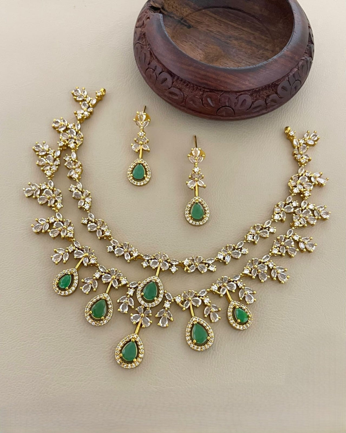 Nitya Emerald & CZ Leafy Vine Necklace Set