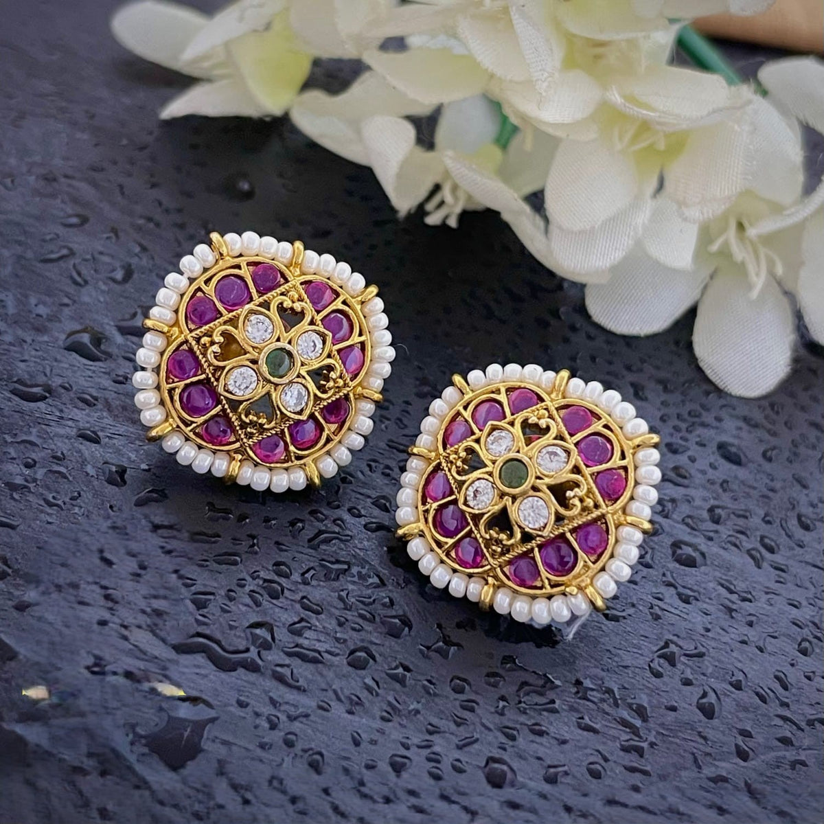 Nitya Gitanjali Seed-Pearl Mosaic Studs