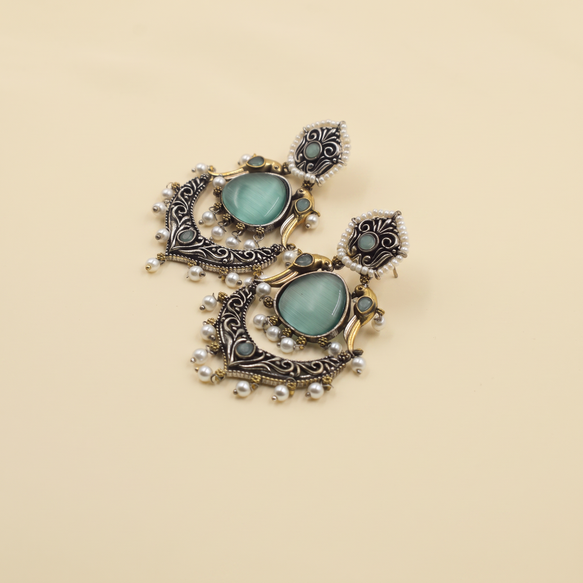 Two-Tone Crescent Chandbali Earrings | Sea Green