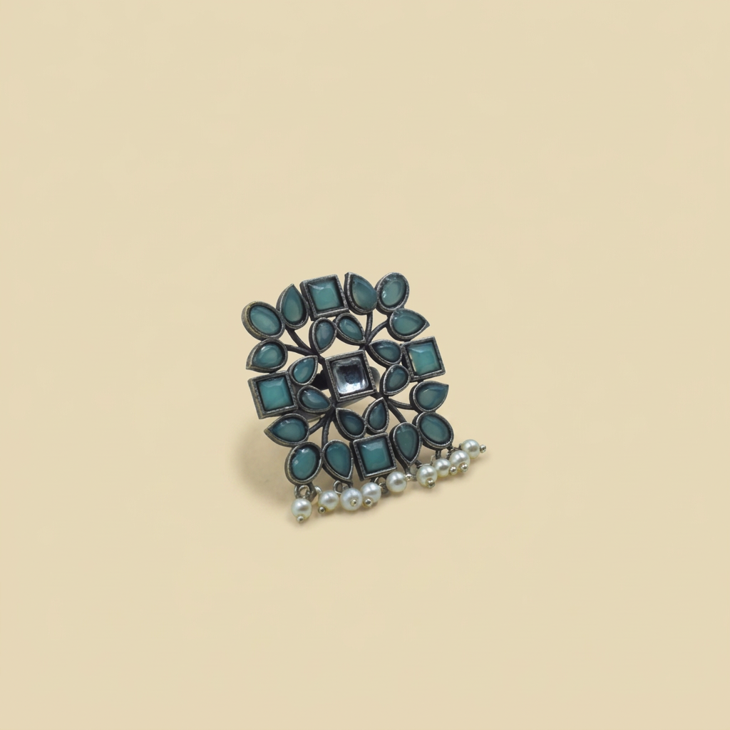 Square Floral Pearl Drop Ring | Sea Green | Adjustable