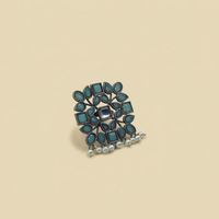 Square Floral Pearl Drop Ring | Sea Green | Adjustable
