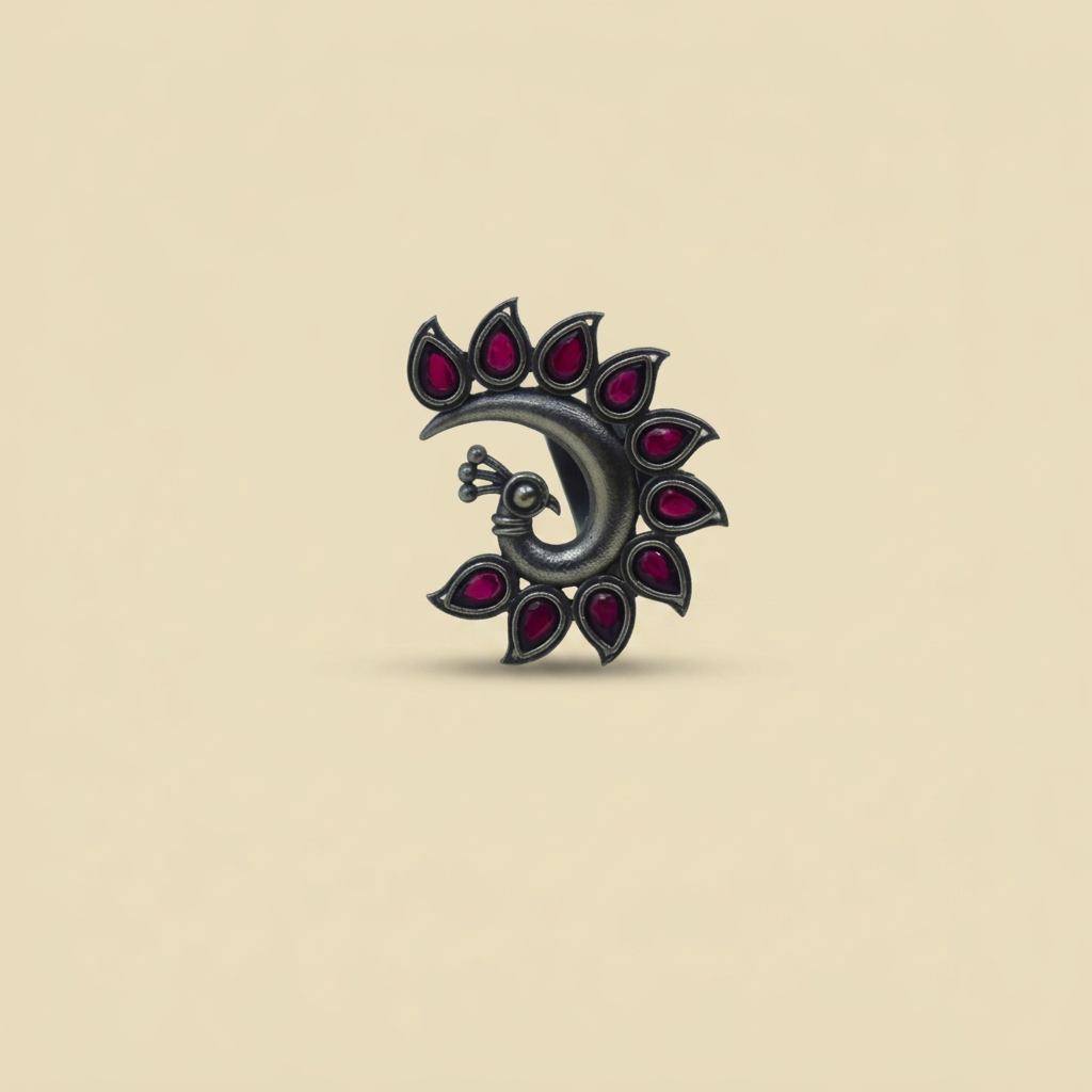 Peacock Motif Red Ring | Adjustable