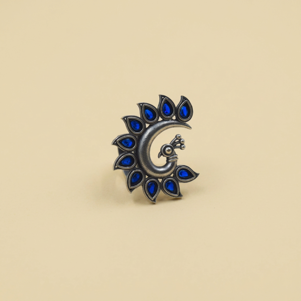 Peacock Motif Blue Ring | Adjustable