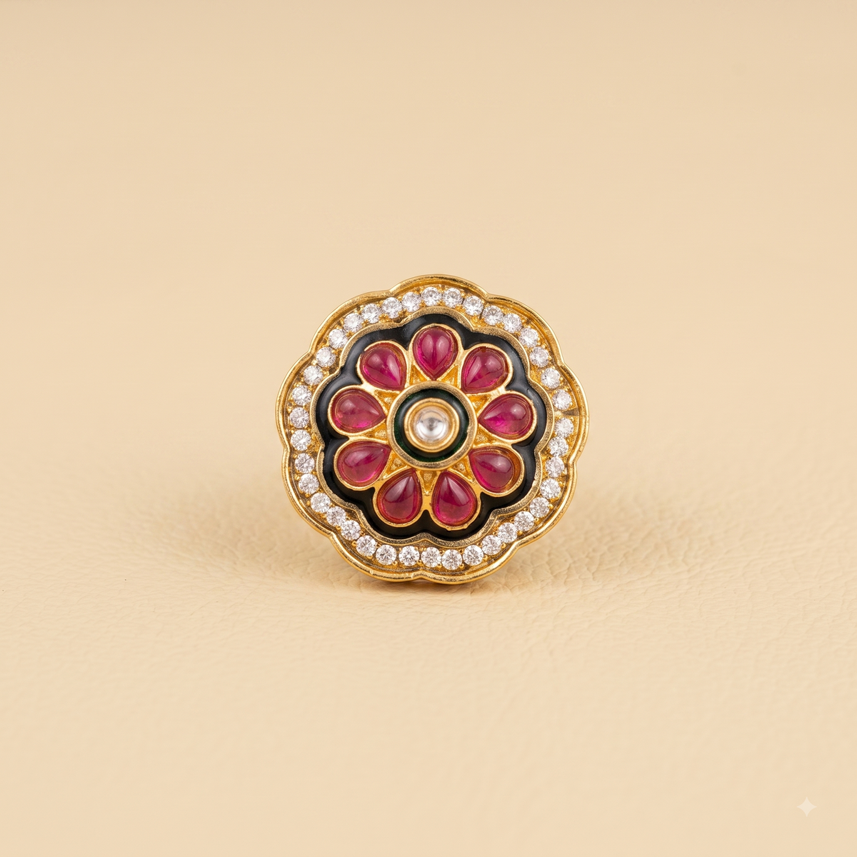 Circular Pink Flower Enamel Ring | Adjustable