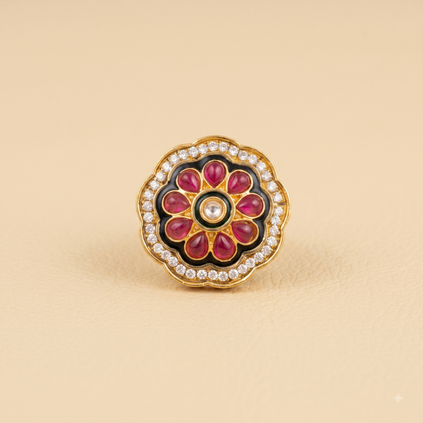 Circular Pink Flower Enamel Ring | Adjustable