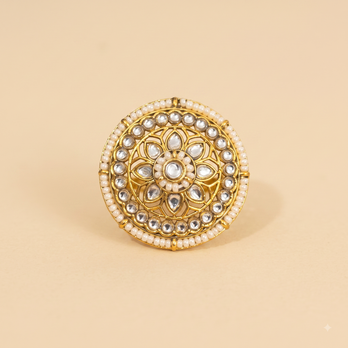 Traditional Round Kundan & Pearl Border White Ring | Adjustable