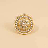 Traditional Round Kundan & Pearl Border White Ring | Adjustable