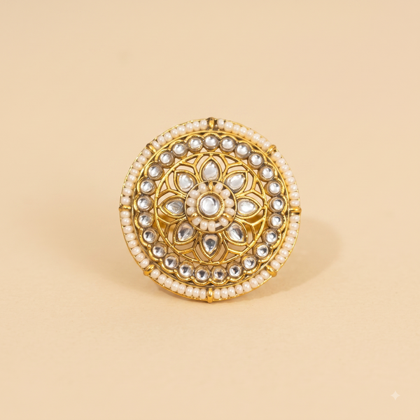 Traditional Round Kundan & Pearl Border White Ring | Adjustable