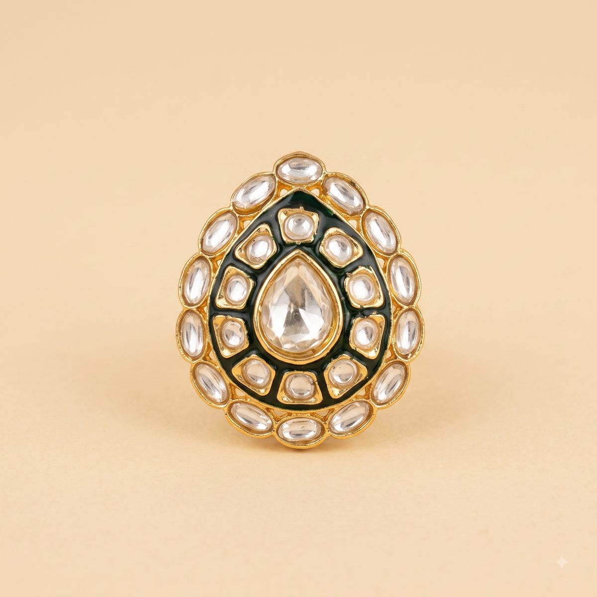 Bold Teardrop White Kundan Ring | Adjustable