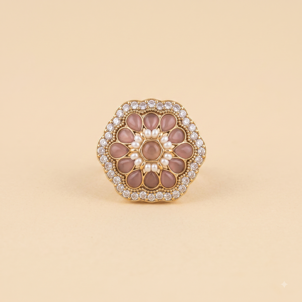 Octagonal Pink Floral Statement Ring | Adjustable
