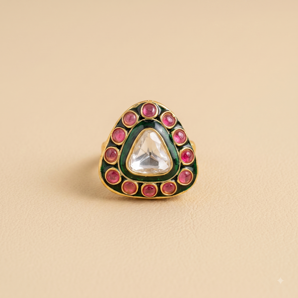 Geometric Triangular Pink Stone Ring | Adjustable
