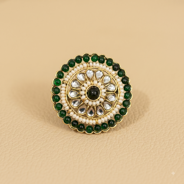 Traditional Round Kundan & Pearl Border Green Ring | Adjustable