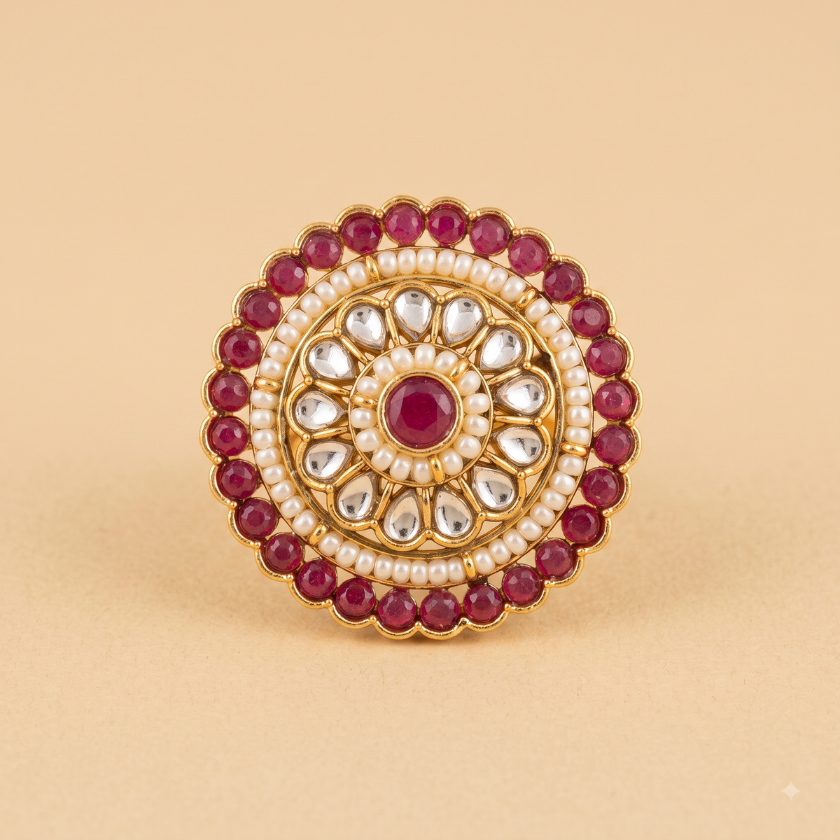 Traditional Round Kundan & Pearl Border Red Ring | Adjustable