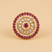Traditional Round Kundan & Pearl Border Red Ring | Adjustable