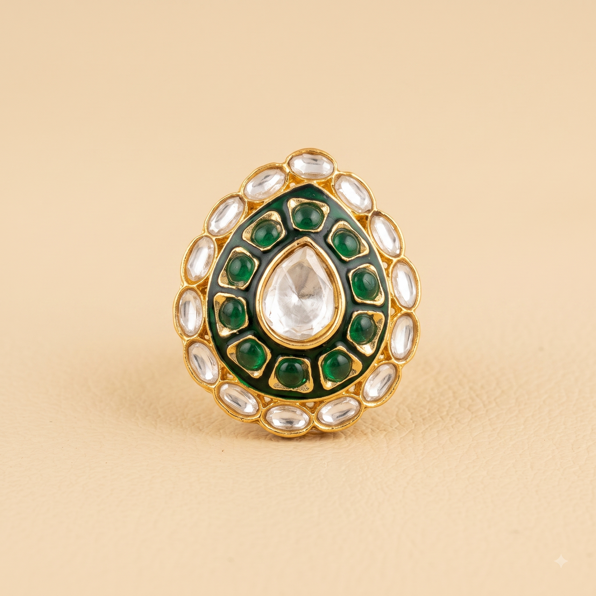 Bold Teardrop Green Kundan Ring | Adjustable