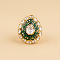 Bold Teardrop Green Kundan Ring | Adjustable