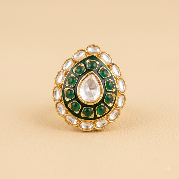 Bold Teardrop Green Kundan Ring | Adjustable